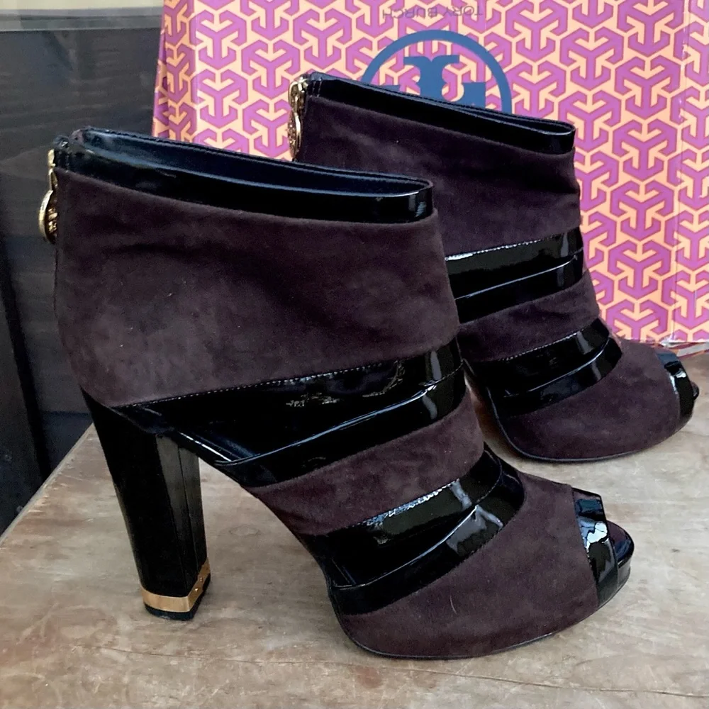 Tory Burch Lucille Boot suede & patent leather Black‎ & brown size 9.5